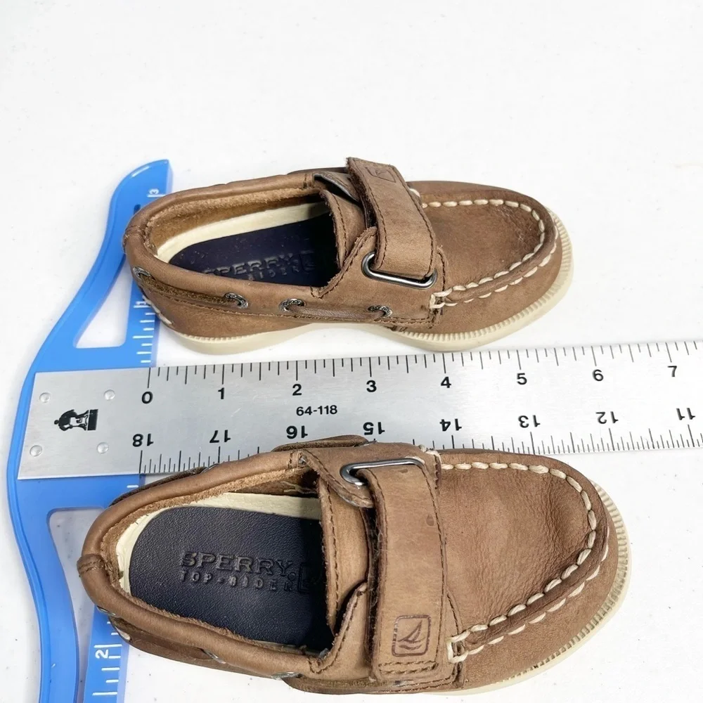 Sperry kids size 6M brown leather hook and loop top sider with removable insoles